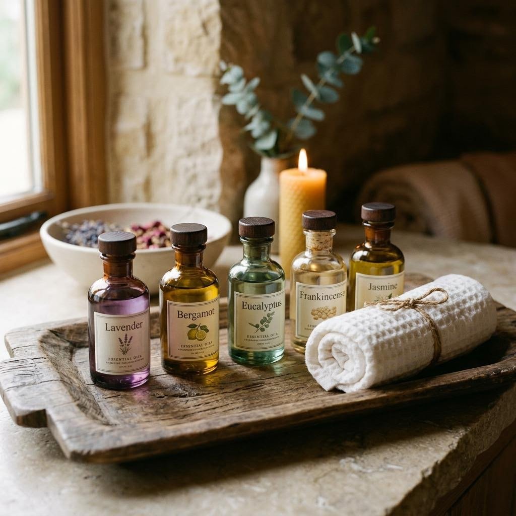 Editorial imagery of curated essential oils for aromatherapy at Arka Wellness Spa