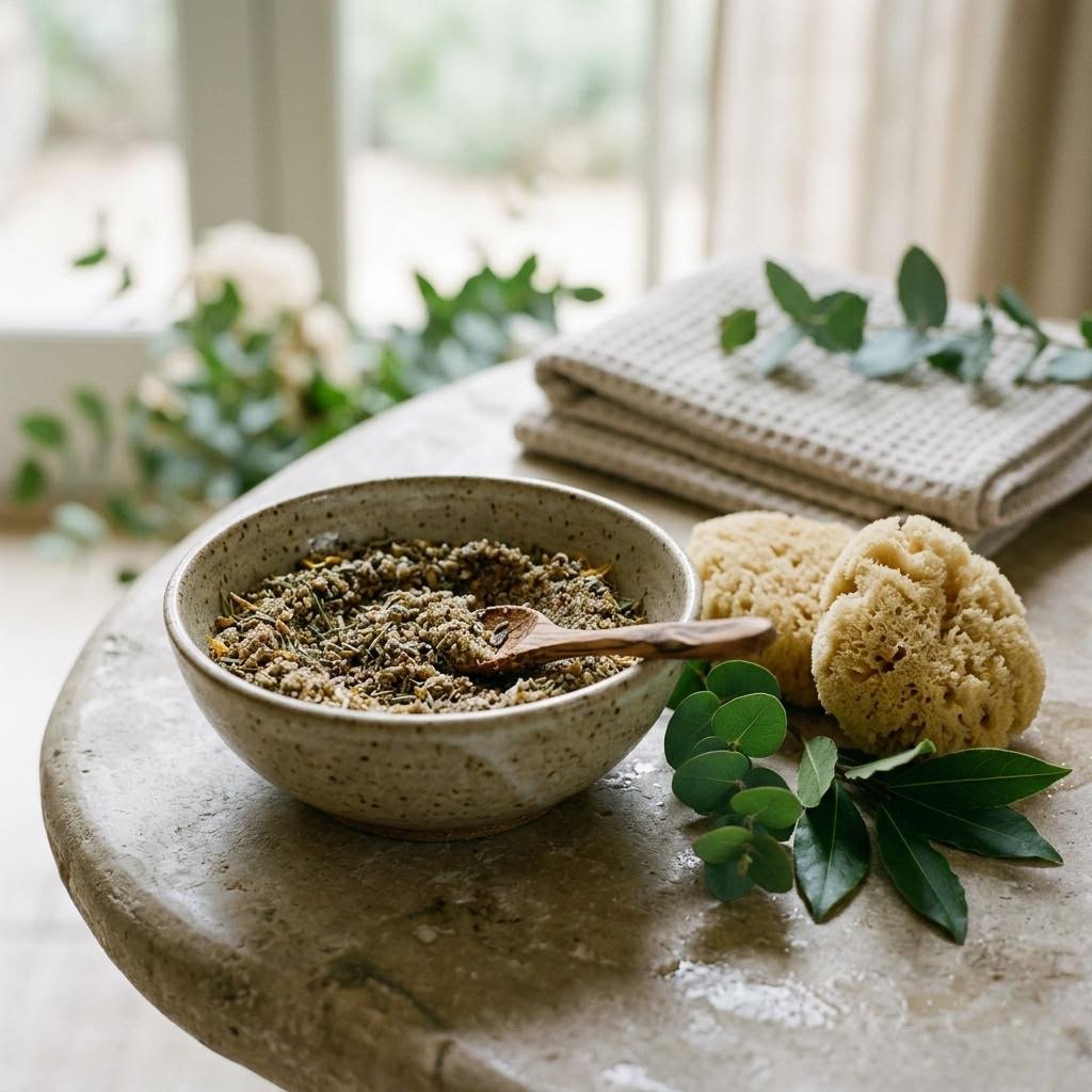 Editorial imagery representing a revitalizing herbal body polish treatment
