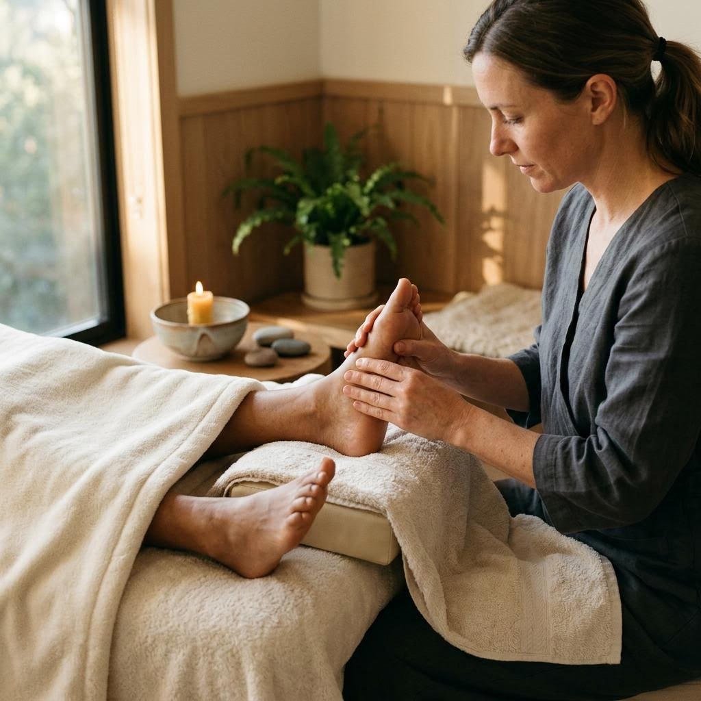 Editorial imagery representing foot reflexology and pressure point therapy