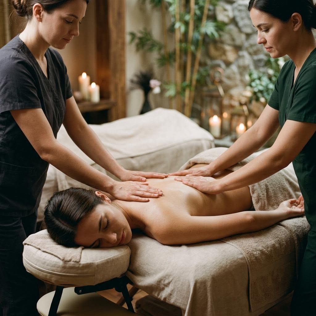 Editorial imagery representing synchronized four hands massage therapy at Arka Wellness Spa
