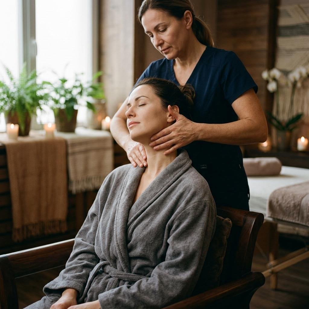 Editorial imagery of upper body massage focusing on head, neck, and shoulders