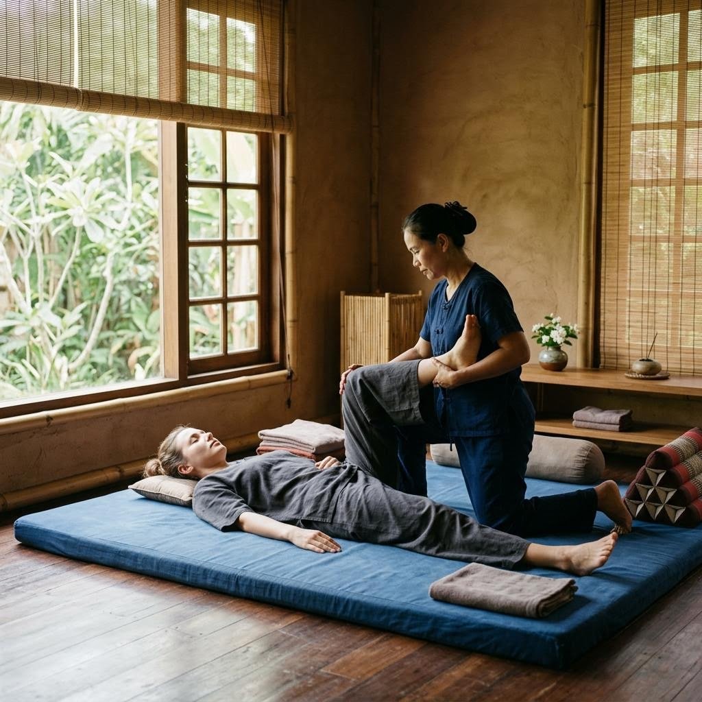 Editorial imagery representing traditional Thai massage techniques
